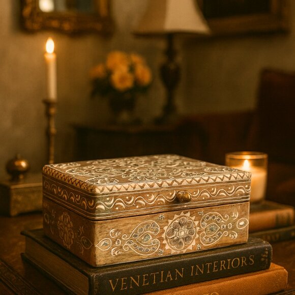 NWT Vintage Wooden Hand Carved Ornate Indian Keepsake Box - Picture 1 of 13